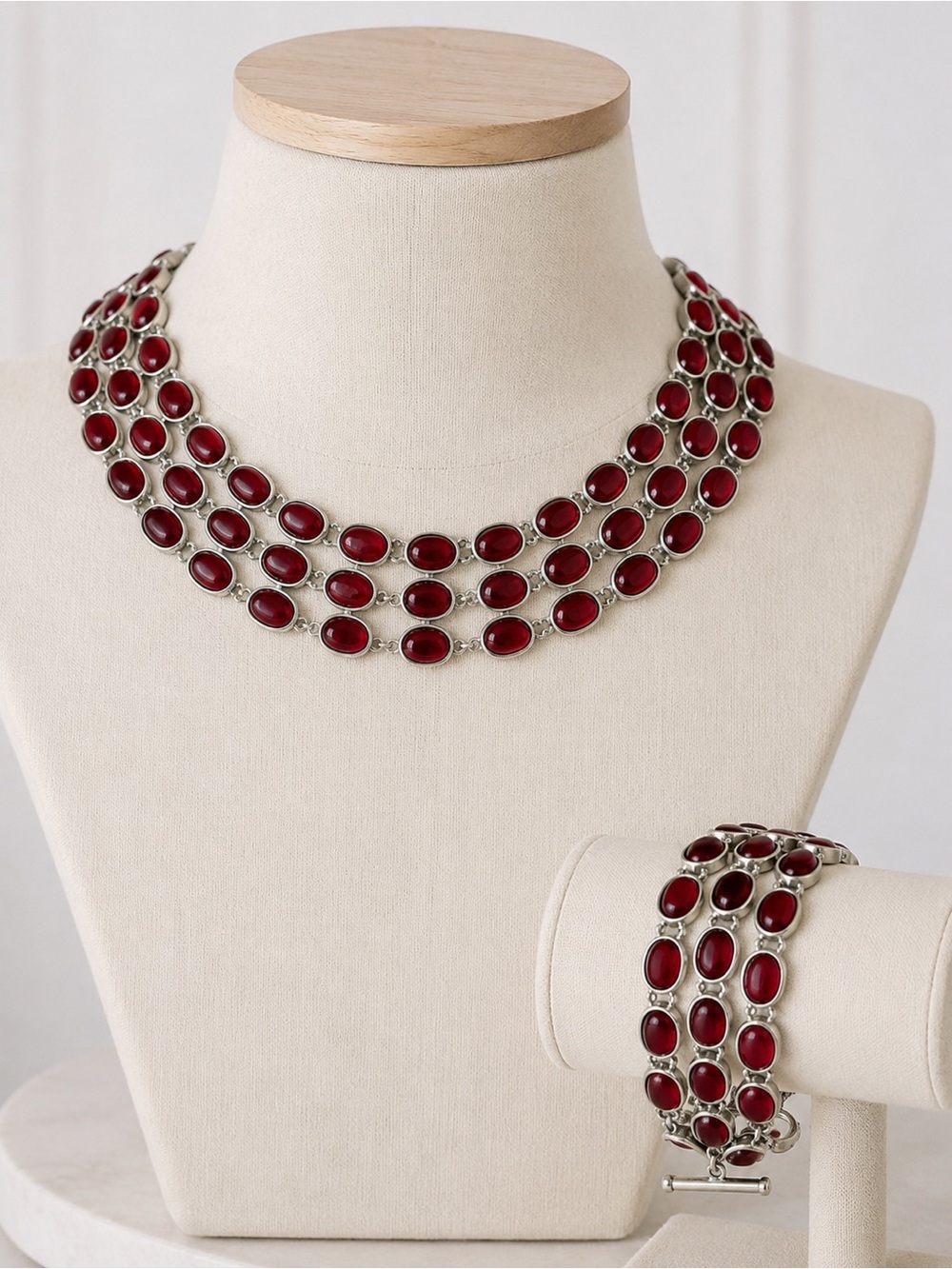 Vintage Banana Republic Red Cabochon Statement Necklace & Bracelet Set